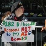 Diane Beeny was among the New Jersey Citizen Action protesters this afternoon outside AIG in Downtown Jersey City.