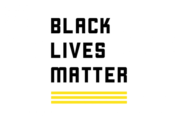 Black Lives Matter in black font over a yellow underscore line